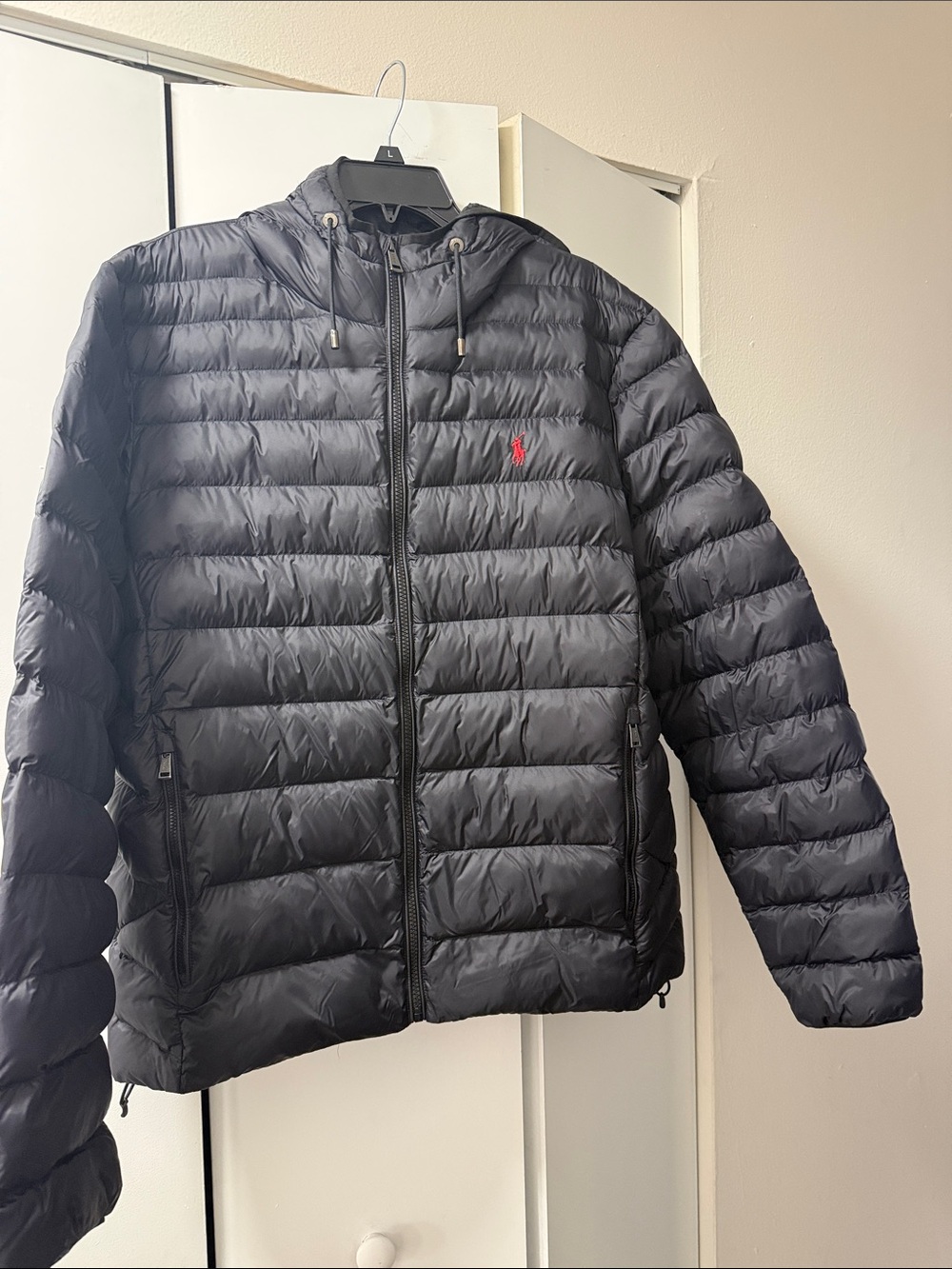 Polo by Ralph Lauren Navy Blue Quilted Hooded Puffer with Red Logo